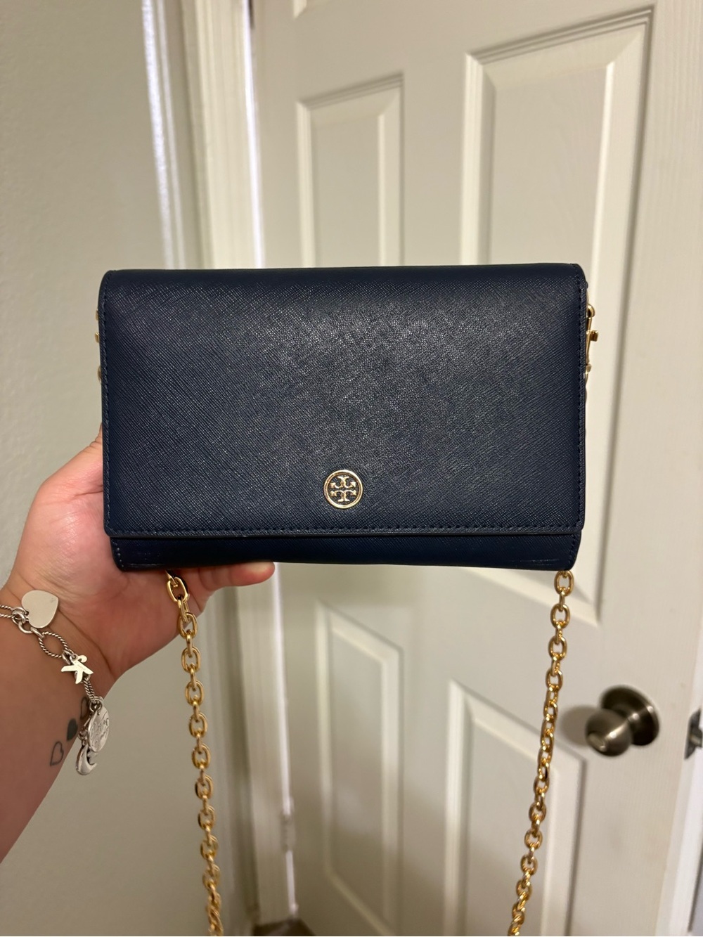 Tory Burch Navy Saffiano Leather Crossbody with Gold Chain
